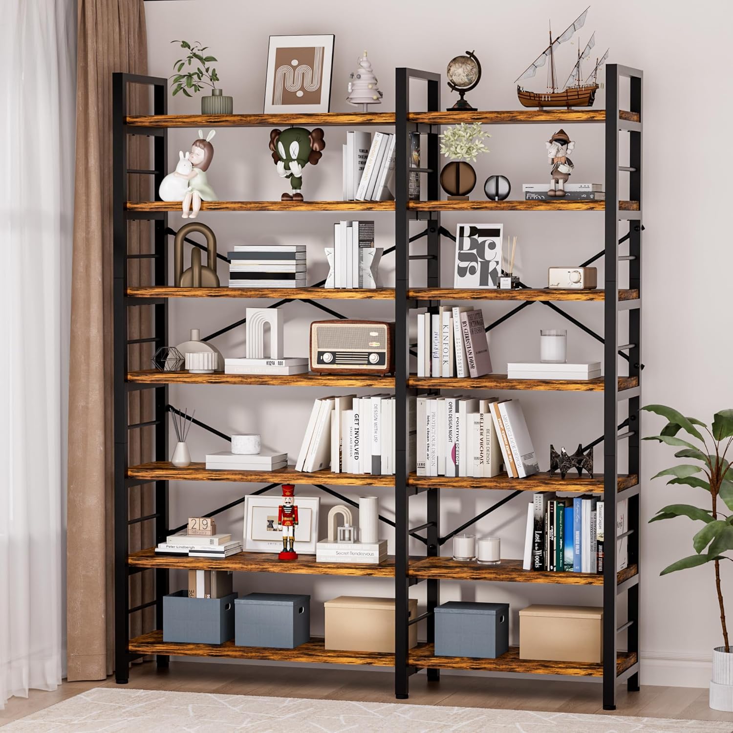 7-Tier Corner Bookshelf, Reversible Wooden Shelves, Industrial Bookcase with Open Shelves and Sturdy Metal Frame, Display Shelf Storage Rack for Living Room, Bedroom, Home Office (Rustic Brown)